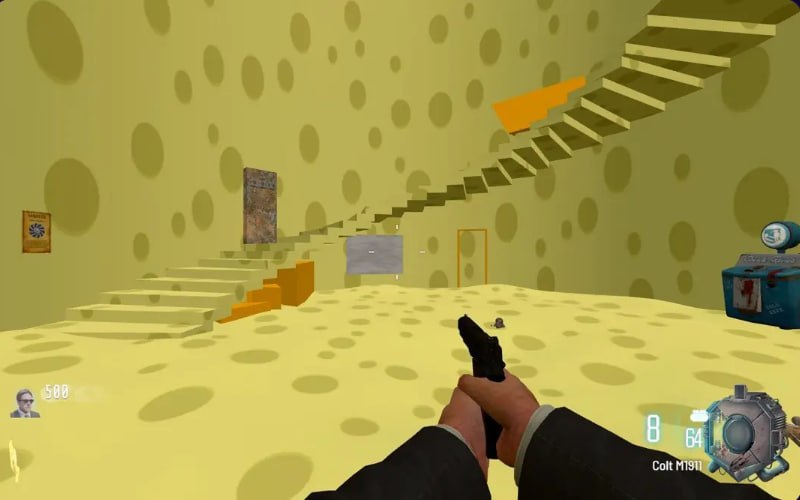 Cheese Cube gameplay with yellow cheese walls, stairs and a pistol