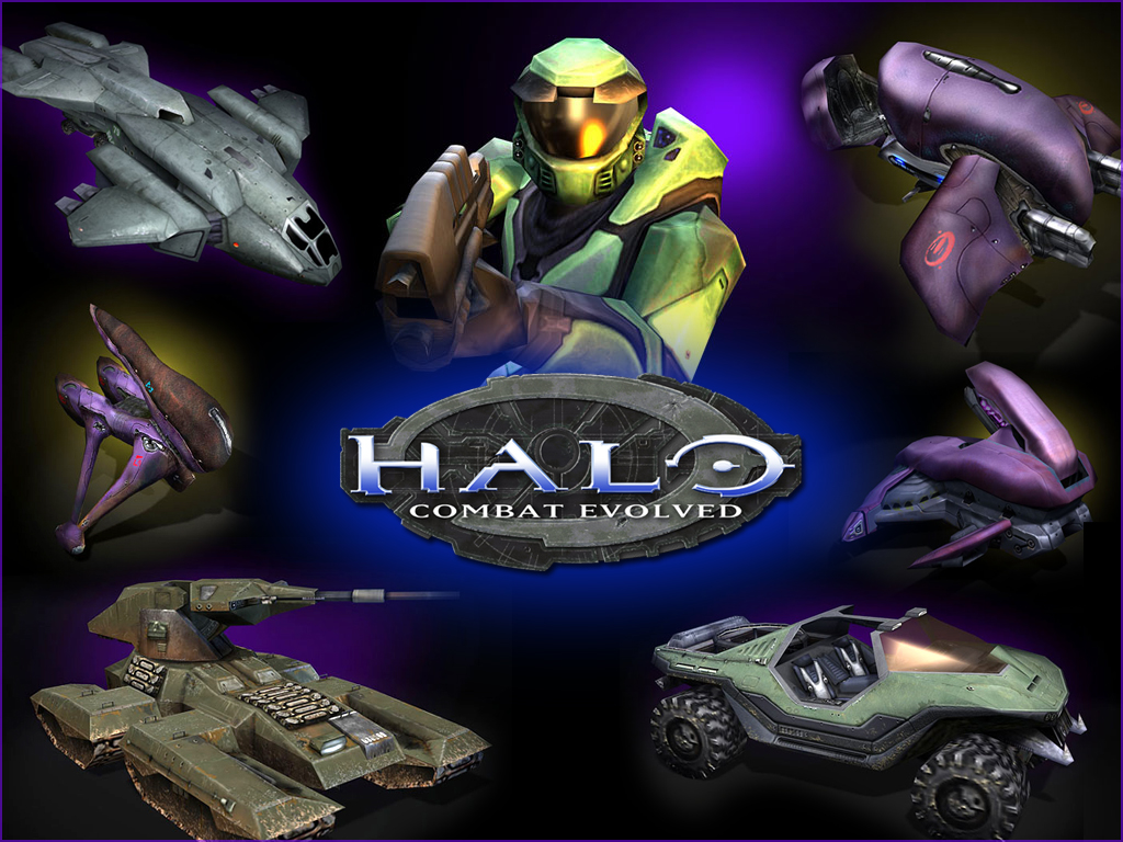 Halo Combat Evolved promotional wallpaper featuring Chief and vehicles